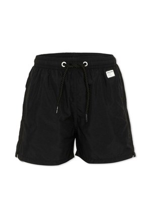 Pantaloncini da nuoto neri con elastico in vita, coulisse intrecciata, tasche laterali e una piccola etichetta bianca sul lato anteriore destro.