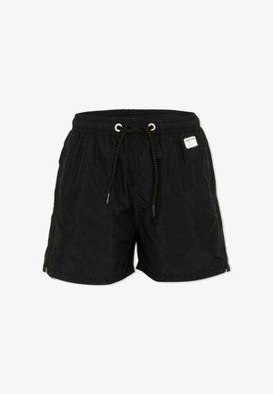 Zwarte zwembroek met elastische tailleband, gevlochten trekkoord, zijzakken en een klein wit label aan de rechter voorkant.