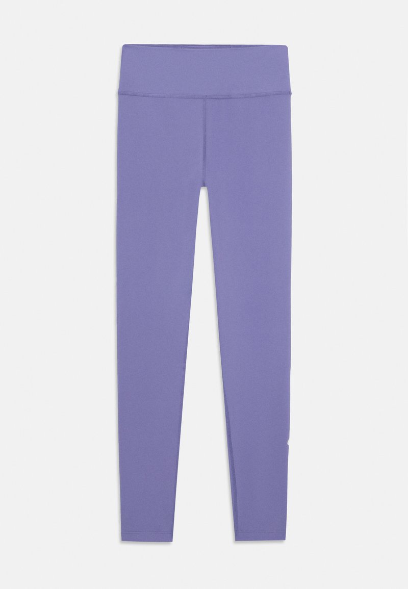 Leggings violets avec une texture lisse, une taille haute et des coutures plates pour un ajustement fluide. Pas de motifs visibles ni de détails en matériel.
