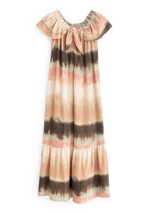 Robe maxi épaules dénudées avec col à volants, détail noué et rayures horizontales tie-dye en tons beige, rose et marron.