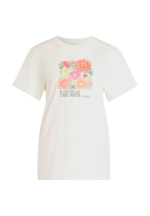 T-shirt blanc à manches courtes avec un motif floral coloré et le texte « Flowers of Triumph » au centre devant.