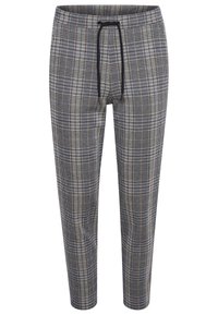 Rutig smalnande byxor i mjukt tyg i grått, marinblått och brunt. Har en elastisk midja med dragsko för justering.