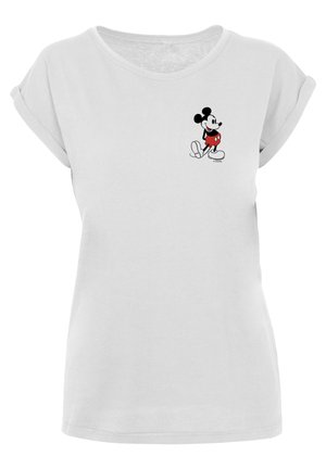 Lys grå kortærmet t-shirt med en sort og rød tegneseriefigur-grafik øverst til venstre. Blødt stof, afslappet pasform.