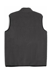 Grau Fleece-Weste mit strukturierter Oberfläche, ohne Ärmel und mit hohem Kragen. Schwarze Abschlüsse entlang der Armausschnitte und dem Saum. Rückansicht gezeigt.