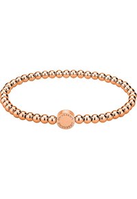 Braccialetto elastico in oro rosa con perle sferiche dai finiture lucide e un accento centrale a disco inciso con il nome del marchio.