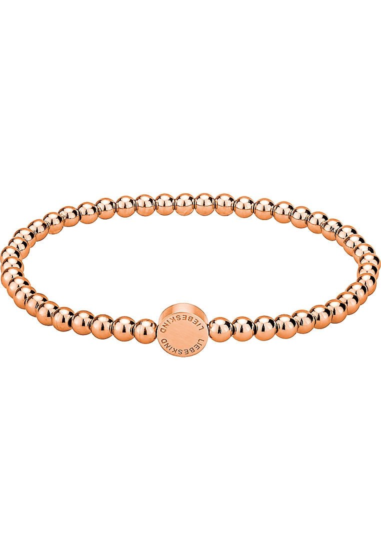 Braccialetto elastico in oro rosa con perle sferiche dai finiture lucide e un accento centrale a disco inciso con il nome del marchio.