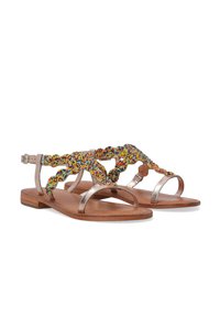Metalliske bronze sandaler med farverigt perleoverdel, flad sål, justerbar ankelrem og åben tå design.