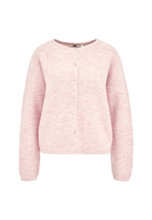 Gilet en tricot rose avec une coupe décontractée, doté d'un col rond, de manches longues et d'une fermeture à cinq boutons à l'avant. Texture douce.