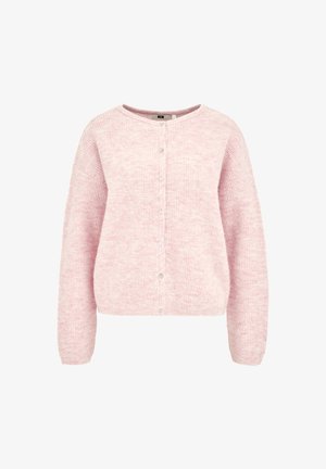 Cárdigan de punto rosa con un corte relajado, que presenta un escote redondo, mangas largas y cierre de cinco botones en el frente. Textura suave.