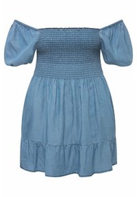 Denimkleid mit schulterfreier Form, Puffärmeln, gerafftem Oberteil und ausgestelltem, gestuftem Rock. Helle blaue Farbe mit glatter Textur.