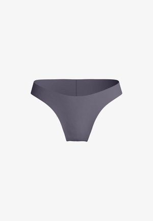 Grijze naadloze tanga ondergoed met een gladde textuur, brede zijkanten en minimale bedekking. Gemaakt van een rekbare, flexibele stof.