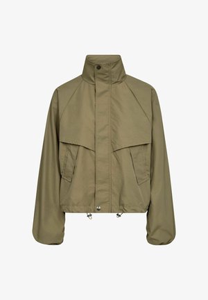 Lichtgewicht herenjas in kaki met hoge kraag, drukknoop- en ritssluiting aan de voorkant, klepzakken, lange mouwen en verstelbare trekkoorden aan de zoom.