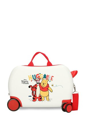 Maleta infantil con ruedas rojas y asa, con Winnie the Pooh y Tigger y el texto "HUGGABLE" en el frente.