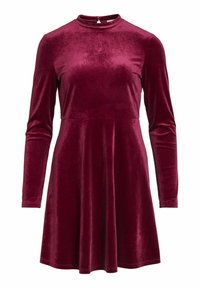 Burgunderfärgad sammetklänning med långa ärmar, hög krage och utsvängd kjol. Har detaljer med nyckelhål i ryggen och en jämn yta.