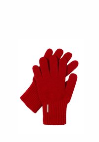 Gants en tricot rouge avec une texture côtelée et des doigts droits. Comprend un petit accent en argent au poignet pour le détail.