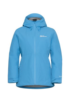 Lichtblauw waterdichte jacket met een frontale rits, verstelbare capuchon en logo-detail op de borst. Kenmerkt zich door een gladde, gestructureerde afwerking.