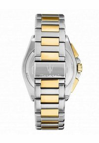 Orologio in acciaio inossidabile color argento e oro con cassa esagonale, dotato di un bracciale liscio e logo inciso sulla chiusura.