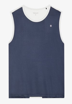 Navy blue sleeveless athletic shirt with white trim, smooth texture, round neckline, and a small logo on the upper left side.