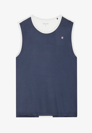 Tumesinine ilma varrukateta spordikaelus, valgete äärtega, siledast materjalist, ümar kaelus ja väike logo vasakus ülanurgas.