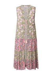 Robe sans manches présentant un motif floral paisley en vert, rose et crème. Elle a un design à volants avec un lien à franges décoratif au niveau du col.
