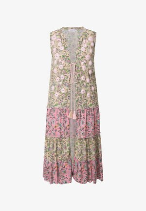 Ärmelloses Kleid mit einem floralen Paisleymuster in Grün, Rosa und Creme. Es hat ein gestuftes Design mit einem dekorativen Quastenbindeband am Ausschnitt.