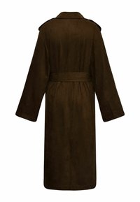 Bruine nubuck lange jas met een ceintuur in de taille, brede mouwen en een klassieke kraag. Gladde textuur, eenvoudig ontwerp en geen zichtbare hardware.