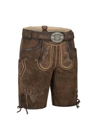 Shorts en cuir marron ornés de broderies détaillées de feuilles et de bois de cerf, une ceinture décorative avec une boucle en argent, et des accents lacés sur les côtés.