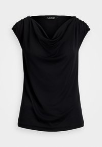 Svart topp med cowl-neck och korta, sammanknutna ärmar. Tillverkad av mjukt tyg, har den en slät yta och subtil lyster med en avslappnad passform.