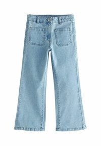 Jeans din denim de culoare albastru deschis, cu un design cu picioare largi. Prezintă o închidere cu nasture și două buzunare din spate cu detalii de cusătură.