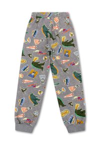 Grijze pyjamabroek met een kleurrijk cartoonpatroon van monsters, explosies en voertuigen. Rekbare tailleband met enkelmanchetten.