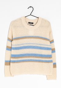 Maglione lavorato a maglia beige chiaro con strisce orizzontali color crema, marrone e blu. Collo rotondo, maniche lunghe e design dalla vestibilità rilassata.