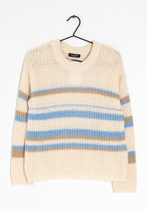Maglione lavorato a maglia beige chiaro con strisce orizzontali color crema, marrone e blu. Collo rotondo, maniche lunghe e design dalla vestibilità rilassata.