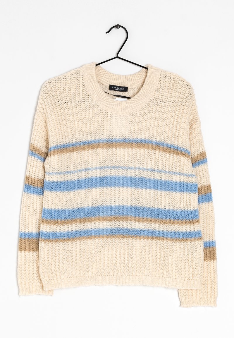 Maglione lavorato a maglia beige chiaro con strisce orizzontali color crema, marrone e blu. Collo rotondo, maniche lunghe e design dalla vestibilità rilassata.