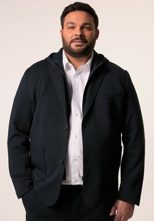 Navy hooded jacket with a button-down front, two side pockets, and a tailored fit over a white shirt. Smooth fabric with a casual design.