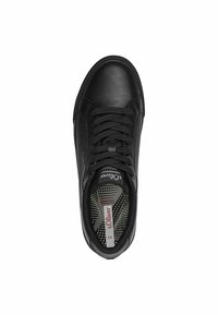 Schwarzer Sneaker mit Obermaterial aus glattem Leder und strukturierten Seitenpaneelen. Verfügt über flache Schnürsenkel, eine gepolsterte Innensohle und ein gemustertes Innenfutter.