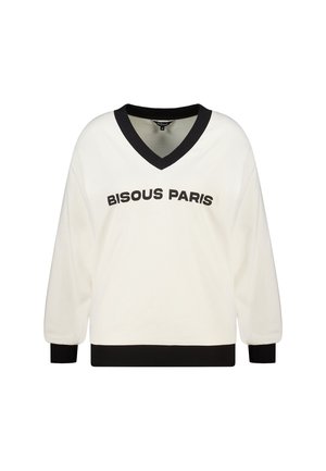 Crèmekleurige sweater met zwarte V-hals en manchetten. "BISOUS PARIS" in dikke zwarte letters aan de voorkant gedrukt. Zachte textuur, ontspannen pasvorm.