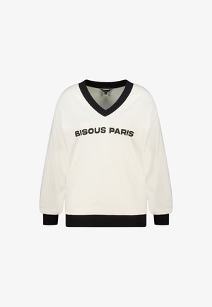 Crèmekleurige sweater met zwarte V-hals en manchetten. "BISOUS PARIS" in dikke zwarte letters aan de voorkant gedrukt. Zachte textuur, ontspannen pasvorm.