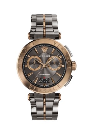 Chronograph watch with a grey dial, bronze accents, stainless steel bracelet, and an engraved bezel. Features three sub-dials and date display.