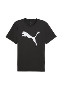 Sort bomulds T-shirt med et stort hvidt Puma-logo, der hopper på fronten. Korte ærmer og rund halsudskæring. Letvægts tekstur.