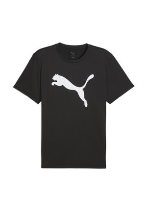 Zwarte katoenen t-shirt met een groot wit springend Puma-logo op de voorkant. Korte mouwen en een ronde hals. Lichtgewicht textuur.