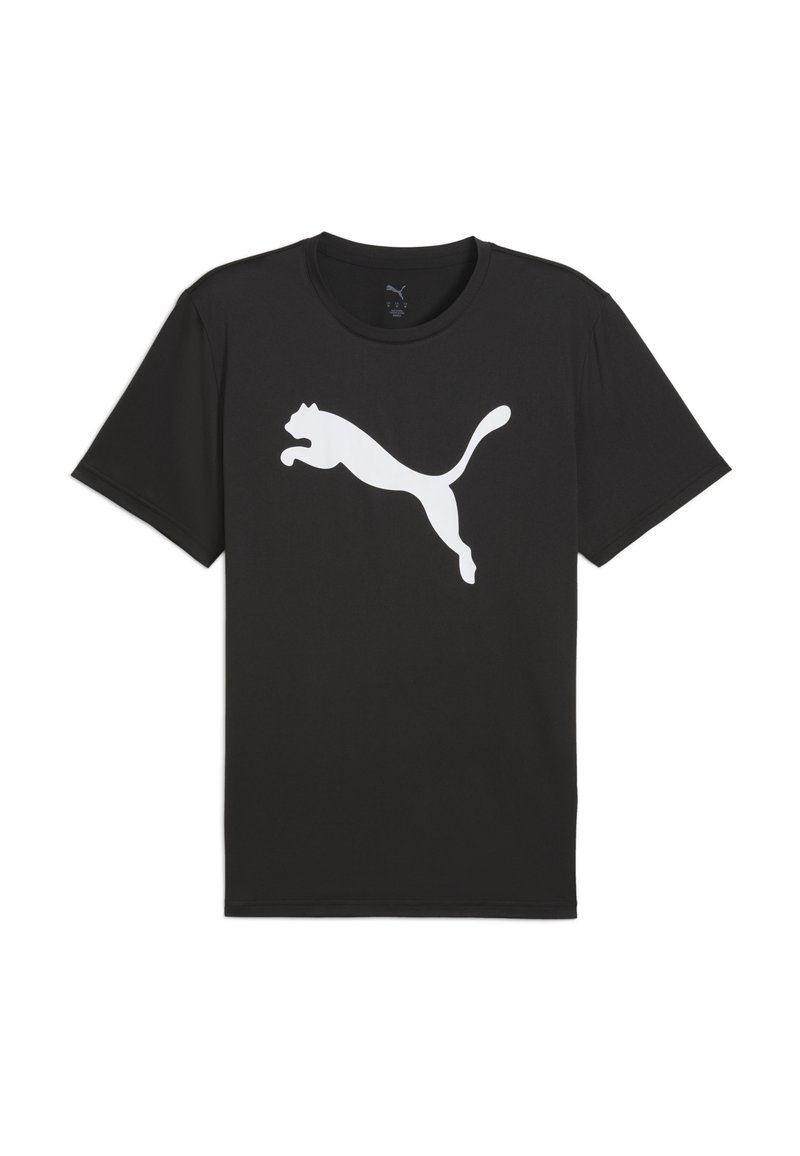 Sort bomulds T-shirt med et stort hvidt Puma-logo, der hopper på fronten. Korte ærmer og rund halsudskæring. Letvægts tekstur.
