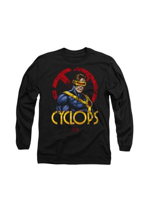 Schwarzes Langarmshirt mit einem Grafikdesign eines Charakters mit einem gelben Visier, blauer Kleidung und dem fetten Schriftzug "CYCLOPS" in Gelb.