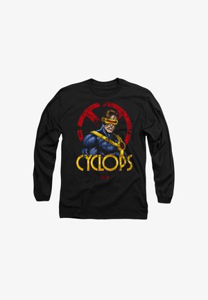 Black long-sleeve shirt featuring a graphic of a character with a yellow visor, blue costume, and bold "CYCLOPS" text in yellow.