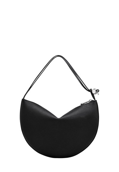 Black textured leather half-moon handbag with a single thin strap and a silver zipper and clasp closure on a white background.