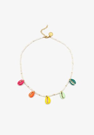 Beaded necklace with white beads and vibrant cowrie shells in pink, orange, yellow, green, and teal. Finished with a gold chain and clasp.