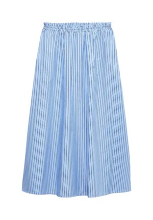 Jupe trapèze bleu clair avec fines rayures verticales blanches et noires et une taille élastique, présentée sur un fond blanc.