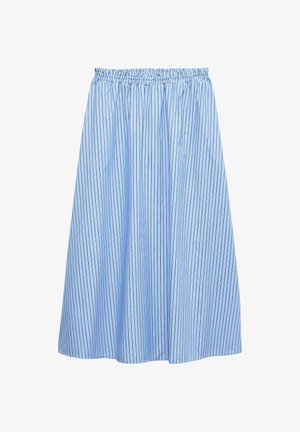 Lichtblauwe A-lijn rok met dunne verticale witte en zwarte strepen en een elastische tailleband, weergegeven op een witte achtergrond.