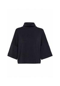 Tmavě modrý oversized rolák s širokými rukávy a jemnou textrurou, který se vyznačuje elegantním designem a minimalistickým stylem.