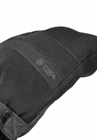 Schwarze Textilhandschuhe mit Wollfutter, strukturierten Stoffpaneelen und einem Logo-Patch mit der Aufschrift "WOOL INSIDE" im oberen Bereich.