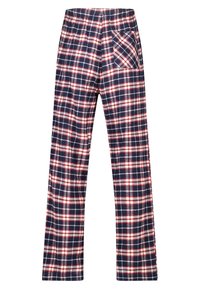 Plaid pajama pants in navy, red, and white. Made of soft fabric, features an elastic waistband and a side pocket with checked pattern.